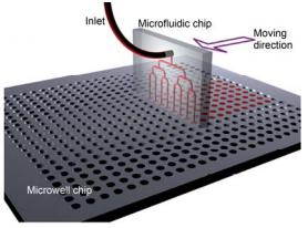 微流控微分配裝置示意圖 微分配芯片在精密步進電機的帶動下配合下方微池芯片實現高通量 的自動化溶液分配 微流控微分配裝置示意圖 微分配芯片在精密步進電機的帶動下配合下方微池芯片實現高通量 的自動化溶液分配