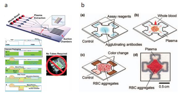 (a) 真空處理的微流控芯片 (b) 紙做的微流控芯片，上述兩種芯片皆能即時分離血球血漿，進行血漿內蛋白質檢測
