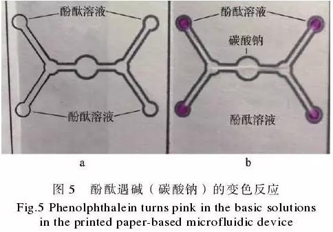 為了驗證紙包裝與紙基微流控芯片的整合技術，在紙盒的4個體板上分別制作了4個微流控芯片，該紙基芯片在pH值檢測中的應用示例見圖5。