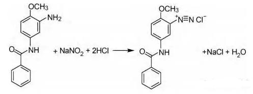 圖1紅色基的重氮化反應(yīng)方程式 圖1紅色基的重氮化反應(yīng)方程式