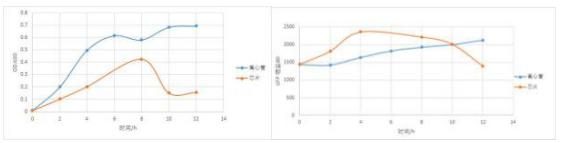 12 小時培養得到的大腸桿菌的 OD-時間曲線和熒光強度-時間曲線