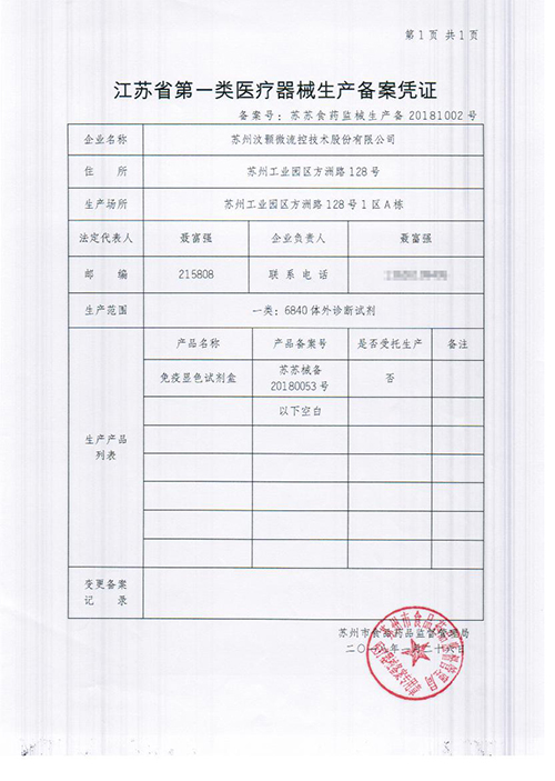 汶顥股份江蘇省第一類醫療器械生產備案憑證 汶顥股份江蘇省第一類醫療器械生產備案憑證