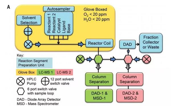 連續流平臺的自動取樣-反應-分析平臺示意圖。考慮到待測的化學物質可能對空氣和濕度敏感,作者將反應器組裝在手套箱環境中(圖片來源:《科學》) 連續流平臺的自動取樣-反應-分析平臺示意圖。考慮到待測的化學物質可能對空氣和濕度敏感,作者將反應器組裝在手套箱環境中(圖片來源:《科學》)