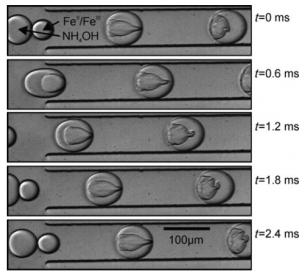 顯示通過氯化鐵溶液液滴與氫氧化銨液滴在通道旁邊的電極施加的電場的影響下形成氧化鐵納米顆粒的圖像。來自Frenz等人的圖片 “用于合成磁性氧化鐵納米粒子的基于液滴的微反應器” 顯示通過氯化鐵溶液液滴與氫氧化銨液滴在通道旁邊的電極施加的電場的影響下形成氧化鐵納米顆粒的圖像。來自Frenz等人的圖片 “用于合成磁性氧化鐵納米粒子的基于液滴的微反應器”