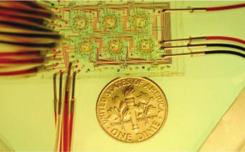 圖1:一種微流體恒化裝置,展示了可以包含在非常小的尺寸內的高密度微流體通道。來自Balagaddé等人的圖片 “長期監測在微型恒溫器中進行程序化群體控制的細菌。 圖1:一種微流體恒化裝置,展示了可以包含在非常小的尺寸內的高密度微流體通道。來自Balagaddé等人的圖片 “長期監測在微型恒溫器中進行程序化群體控制的細菌。