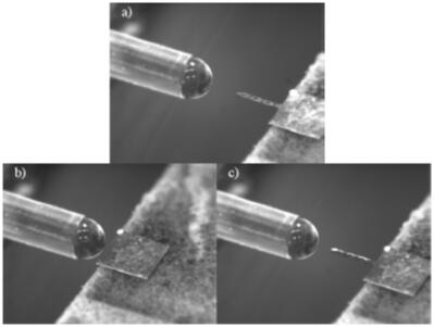 定制的微針涂覆設(shè)備和微針涂覆過程：a）涂覆前；b）微針涂覆中；c）撤回微針，完成涂覆
