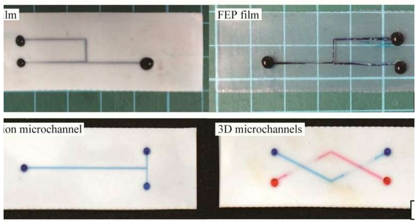 代表性的含氟聚合物微通道，其中充滿含水染料的水。圖片來源：SUTD