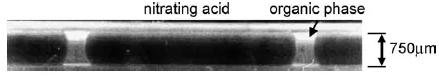 圖11. 在毛細管微反應(yīng)器中帶有硝酸和有機相塞的液-液兩相活塞流 圖11. 在毛細管微反應(yīng)器中帶有硝酸和有機相塞的液-液兩相活塞流