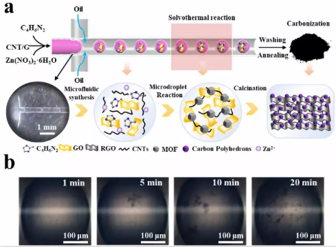 圖2. (a) 微液滴法制備微介孔碳骨架納米材料示意圖；(b) 單個液滴不同反應時間的光學照片。