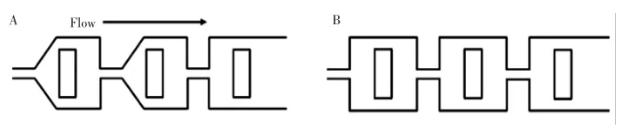 圖4 不同形狀的混合腔:(A)五邊形混合腔微混合器; (B)四邊形混合腔微混合器 圖4 不同形狀的混合腔:(A)五邊形混合腔微混合器; (B)四邊形混合腔微混合器